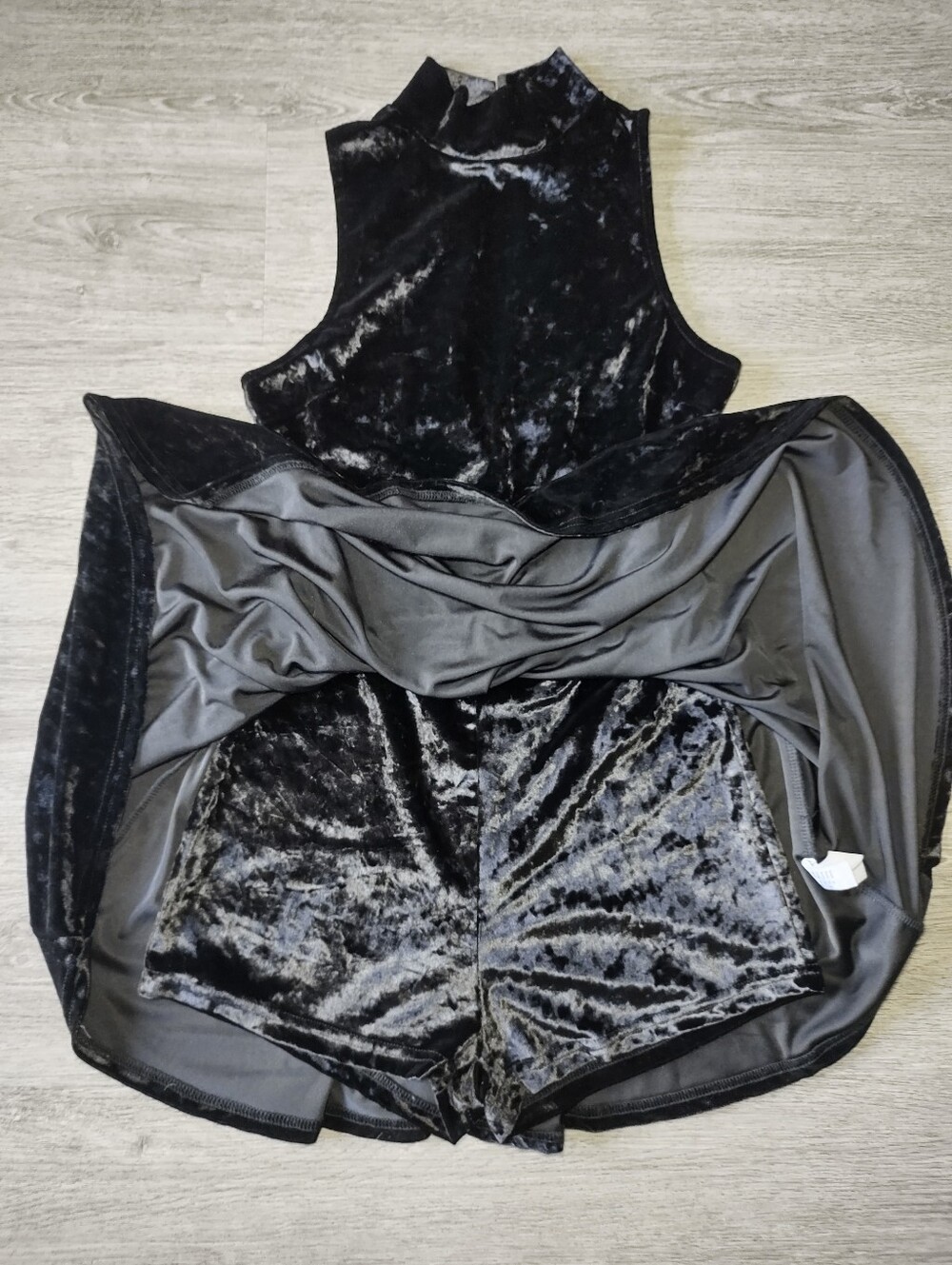 Revamped Black Crushed Velvet Mock Neck Skater Romper Dress - Picture 9 of 12
